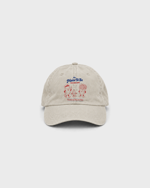 Fish and Chips Vintage Dad Cap in Washed Ivory, front view with red fish, chips and lemon characters and blue The Plaice To Be lettering