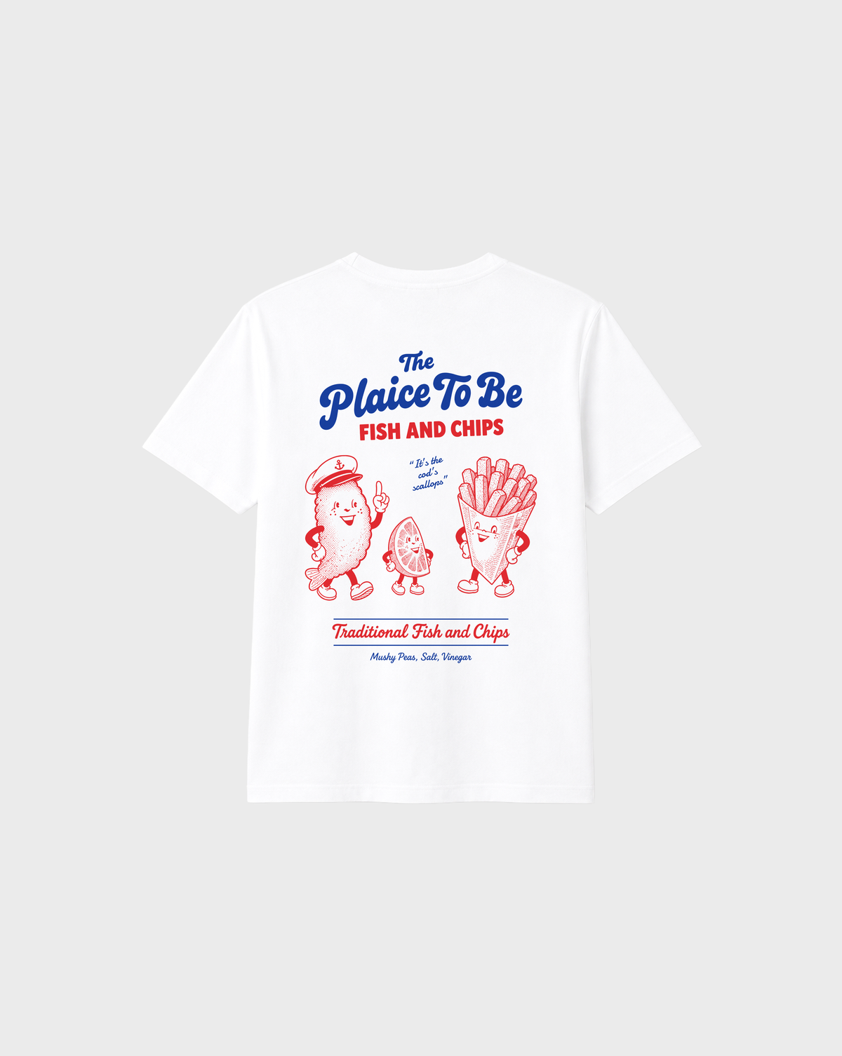 White Fish and Chips The Plaice To Be t-shirt, back flat lay with red and blue large back graphic