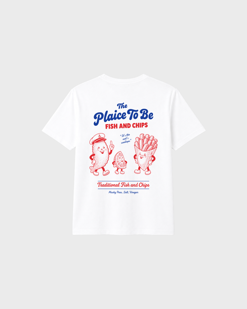 White Fish and Chips The Plaice To Be t-shirt, back flat lay with red and blue large back graphic