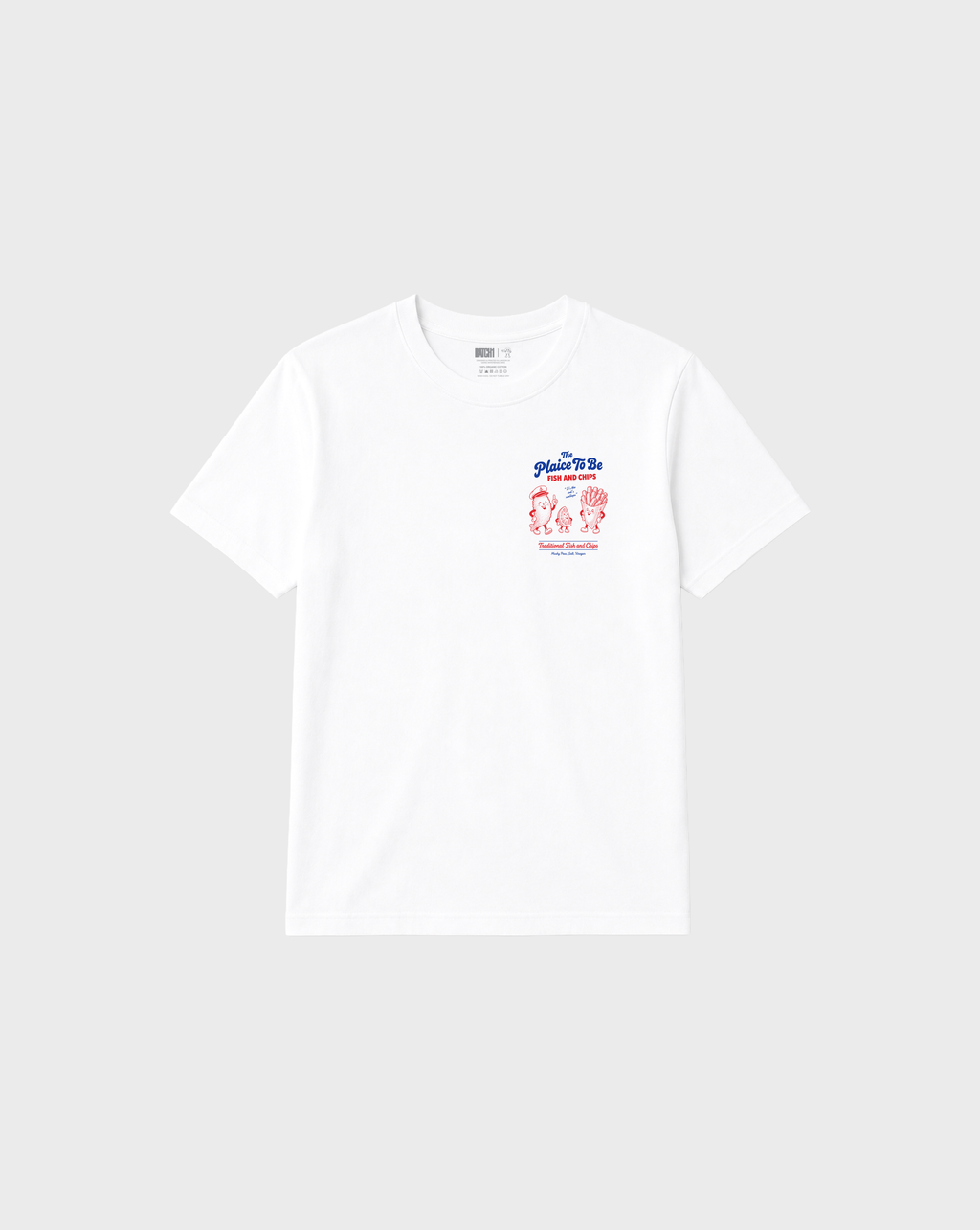 White Fish and Chips The Plaice To Be t-shirt, front flat lay with red and blue small left-chest graphic