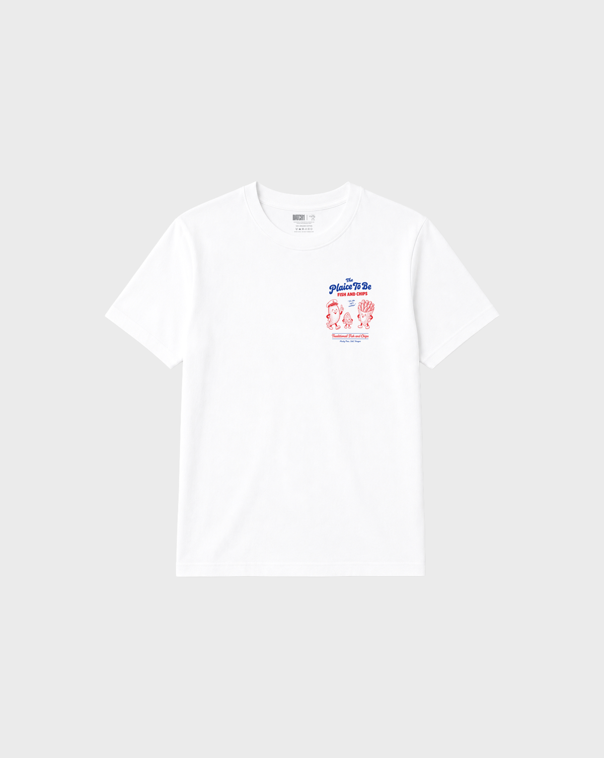 White Fish and Chips The Plaice To Be t-shirt, front flat lay with red and blue small left-chest graphic