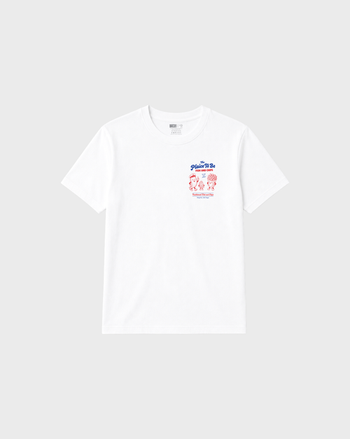 White Fish and Chips The Plaice To Be t-shirt, front flat lay with red and blue small left-chest graphic