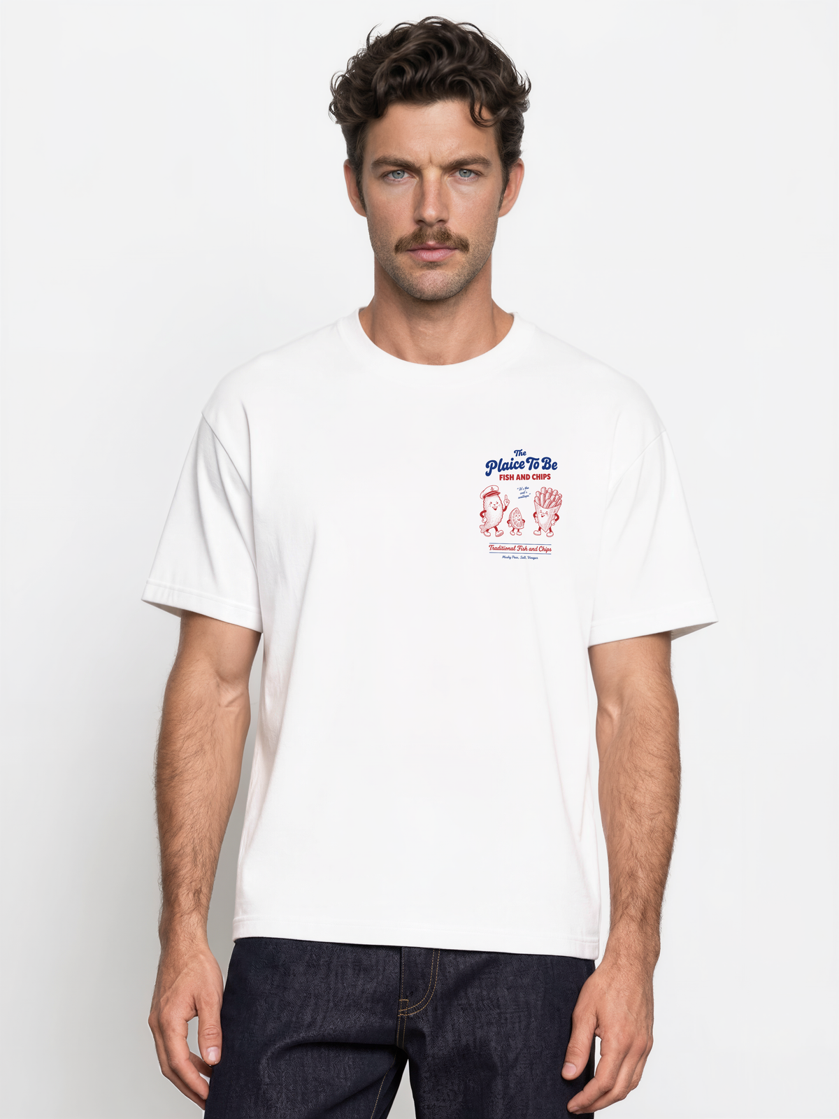 White Fish and Chips The Plaice To Be t-shirt, male model front view with red and blue small left-chest graphic