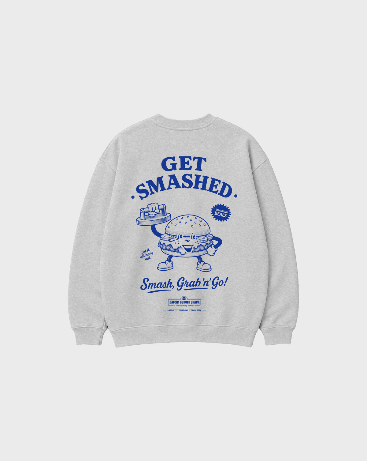 Back flat lay of the Get Smashed ash oversized sweatshirt, showing the large blue burger character and Get Smashed lettering.