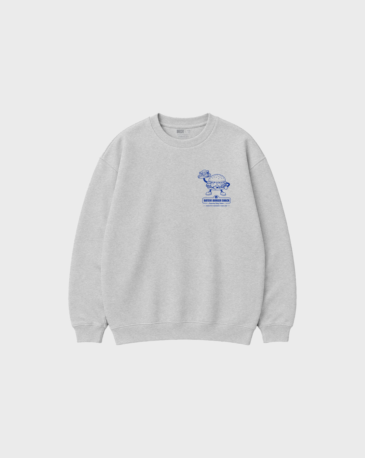 Front flat lay of the Get Smashed ash oversized sweatshirt, showing the small blue burger character print on the left chest.