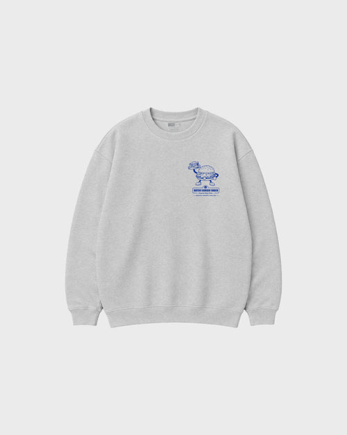 Front flat lay of the Get Smashed ash oversized sweatshirt, showing the small blue burger character print on the left chest.