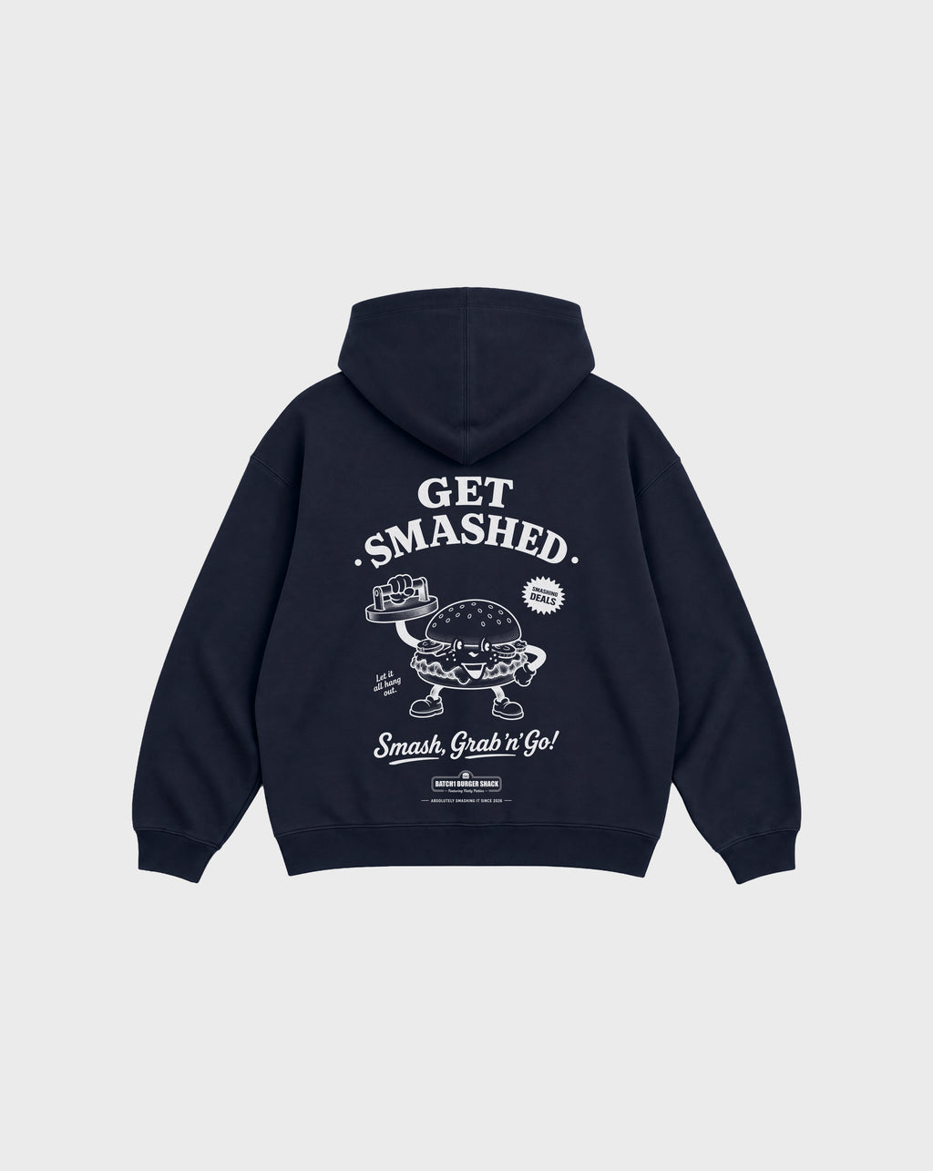 Back flat lay of the Get Smashed navy oversized hoodie, showing the large white burger character and Get Smashed lettering beneath the hood.