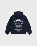 Back flat lay of the Get Smashed navy oversized hoodie, showing the large white burger character and Get Smashed lettering beneath the hood.