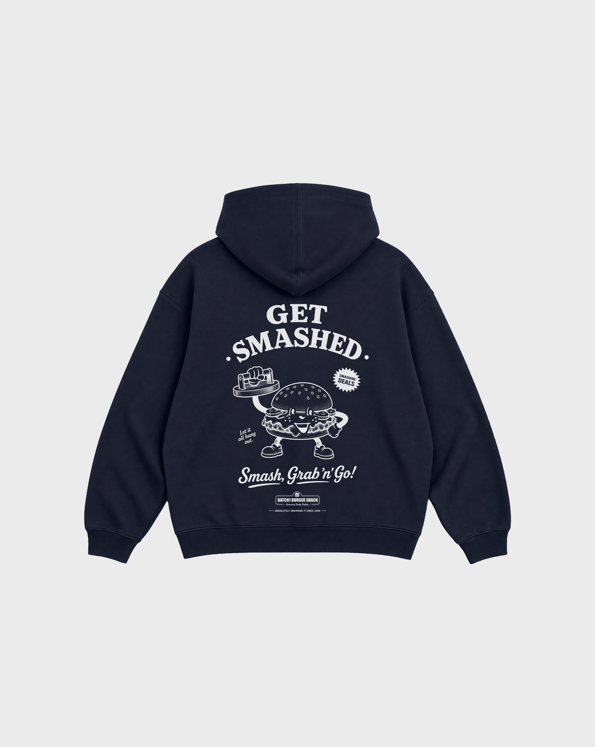 Back flat lay of the Get Smashed navy oversized hoodie, showing the large white burger character and Get Smashed lettering beneath the hood.
