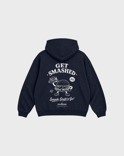 Back flat lay of the Get Smashed navy oversized hoodie, showing the large white burger character and Get Smashed lettering beneath the hood.