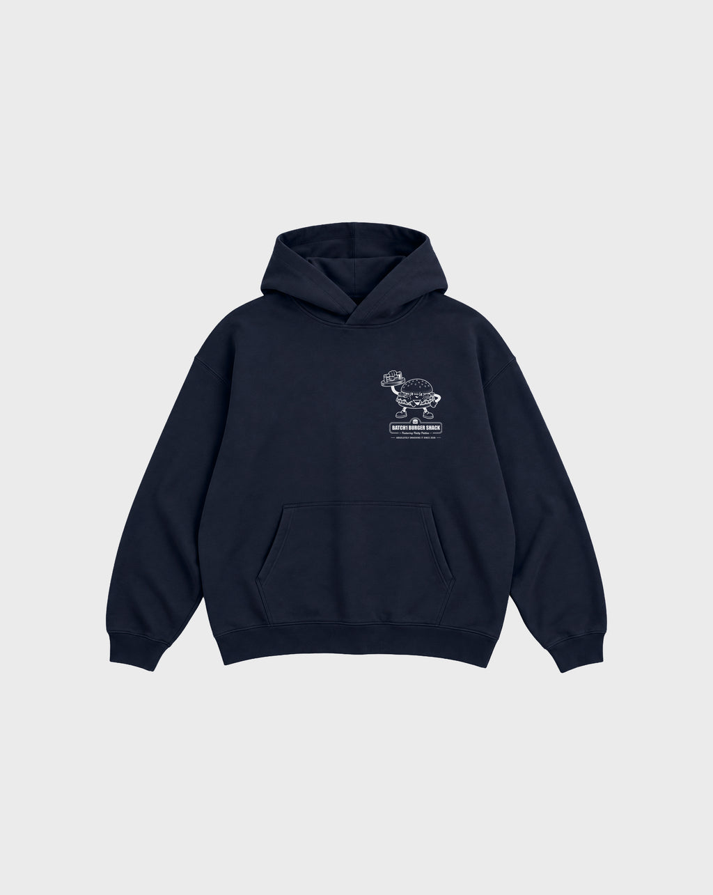 Front flat lay of the Get Smashed navy oversized hoodie, showing the small white burger character print on the left chest.
