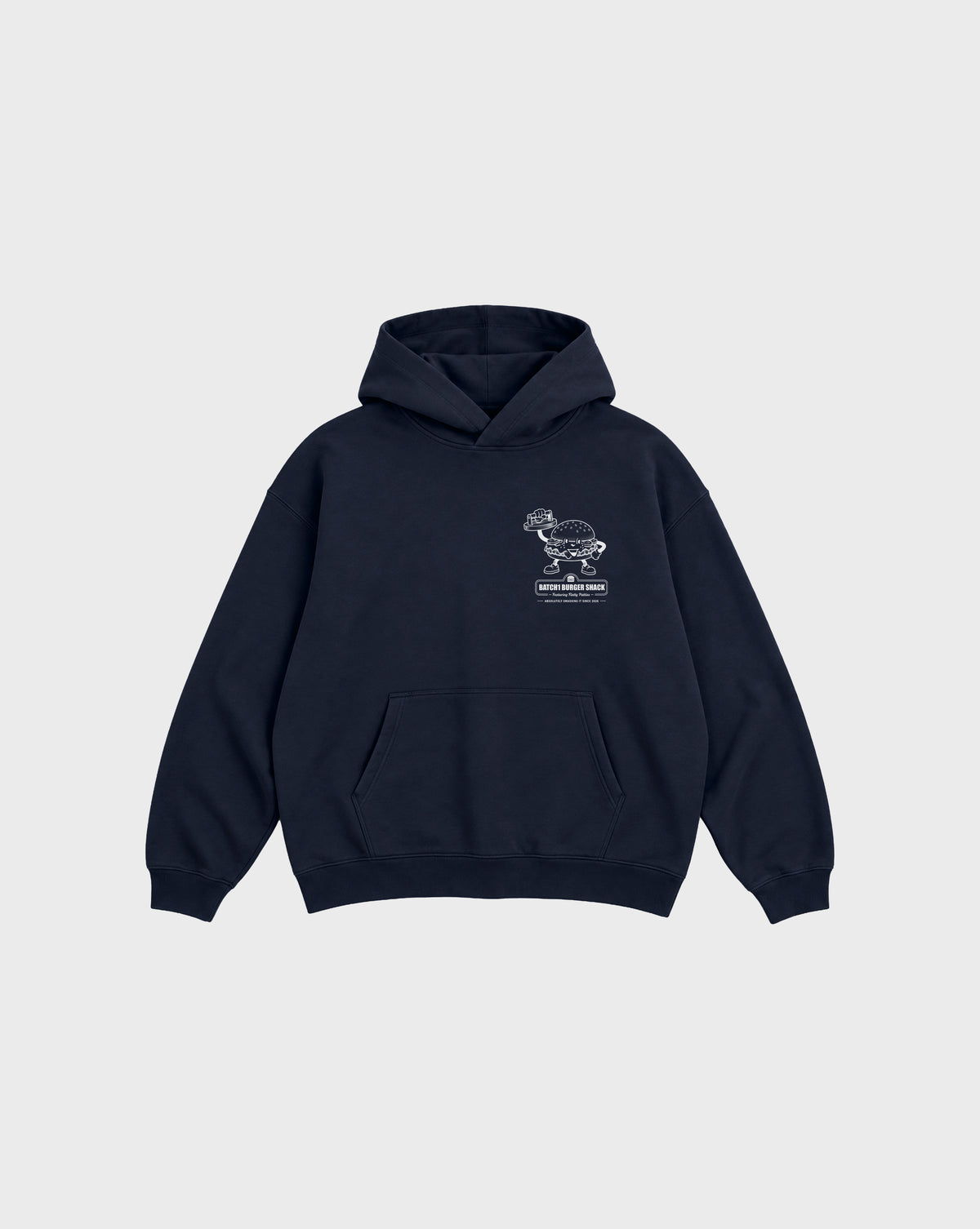 Front flat lay of the Get Smashed navy oversized hoodie, showing the small white burger character print on the left chest.