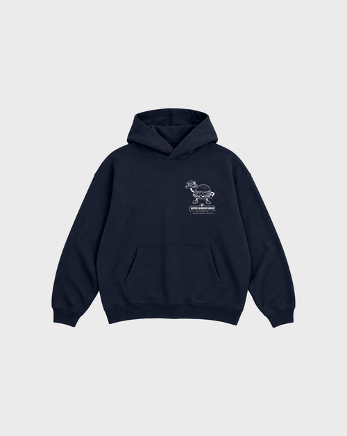 Front flat lay of the Get Smashed navy oversized hoodie, showing the small white burger character print on the left chest.