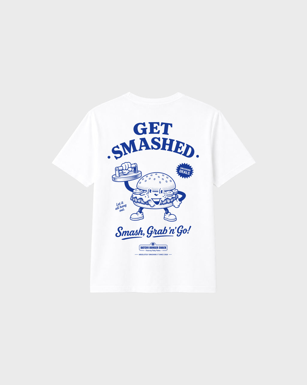 Back flat lay of the Get Smashed white T-shirt, showing the large blue burger character and Get Smashed lettering.