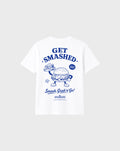 Back flat lay of the Get Smashed white T-shirt, showing the large blue burger character and Get Smashed lettering.