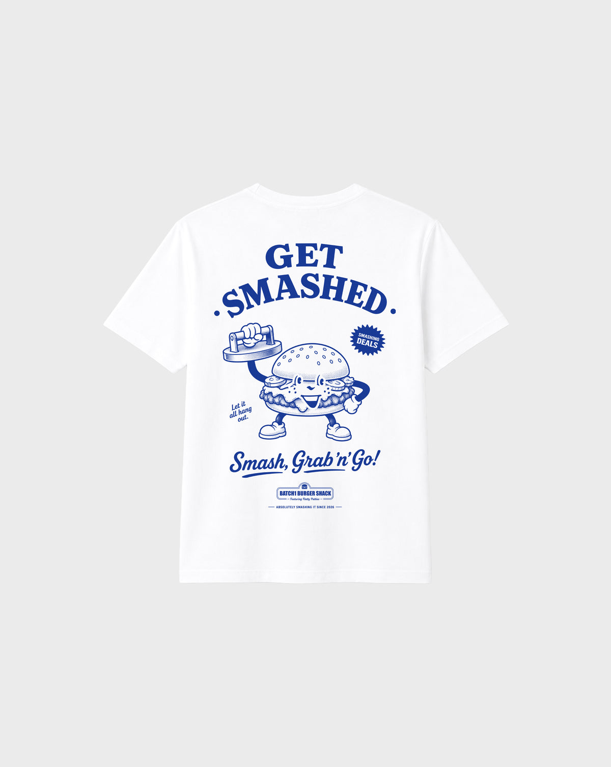 Back flat lay of the Get Smashed white T-shirt, showing the large blue burger character and Get Smashed lettering.