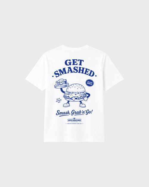 Back flat lay of the Get Smashed white T-shirt, showing the large blue burger character and Get Smashed lettering.