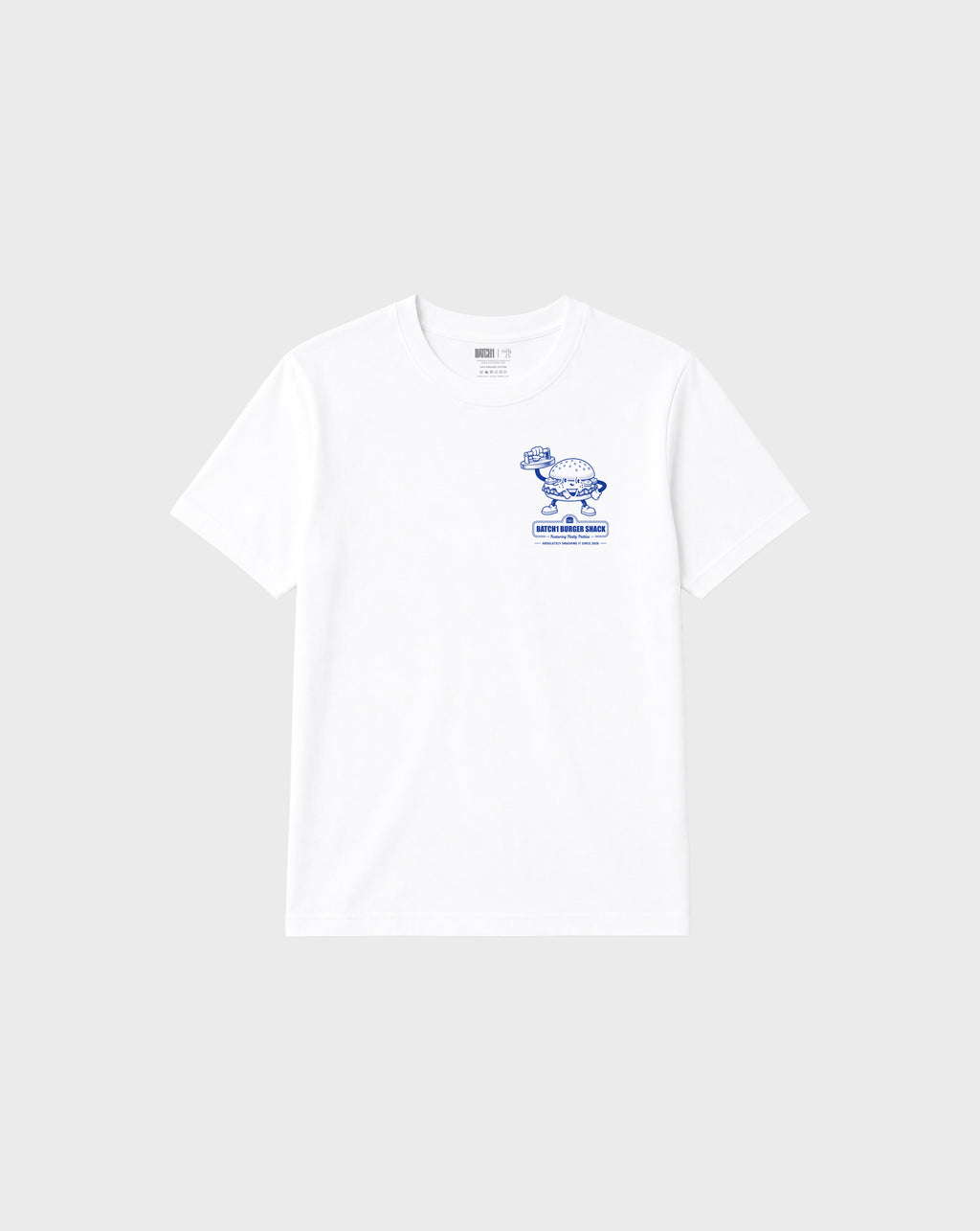 Front flat lay of the Get Smashed white T-shirt, showing the small blue burger character print on the left chest.