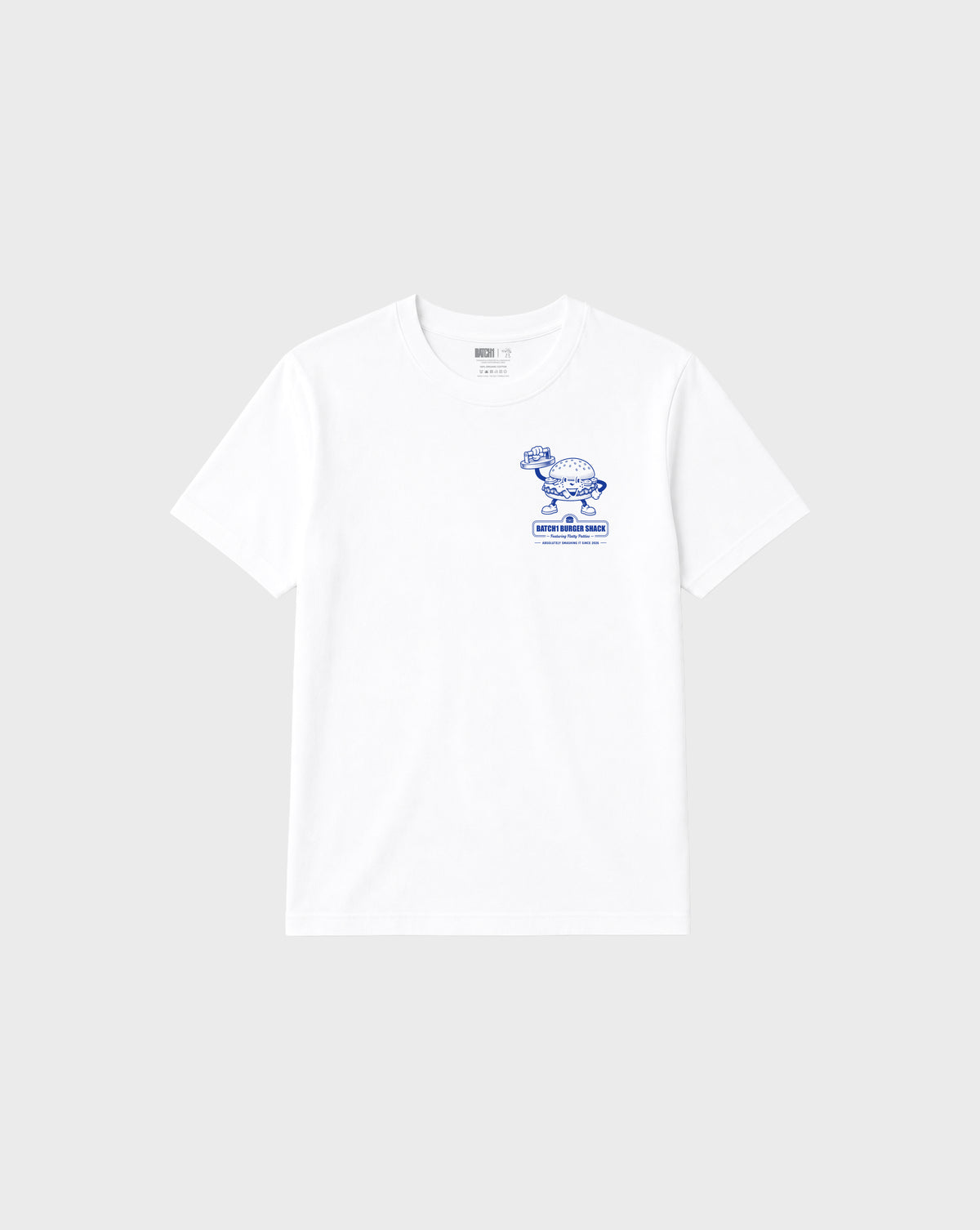 Front flat lay of the Get Smashed white T-shirt, showing the small blue burger character print on the left chest.