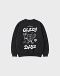 Glazy Days black sweatshirt, back flat lay, showing the larger white Glazy Days doughnut design on the back