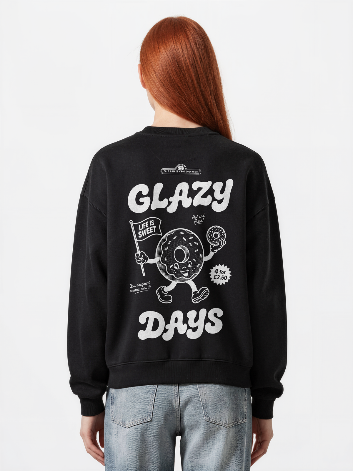 Glazy Days black sweatshirt, back female model, showing the larger white Glazy Days doughnut design on the back