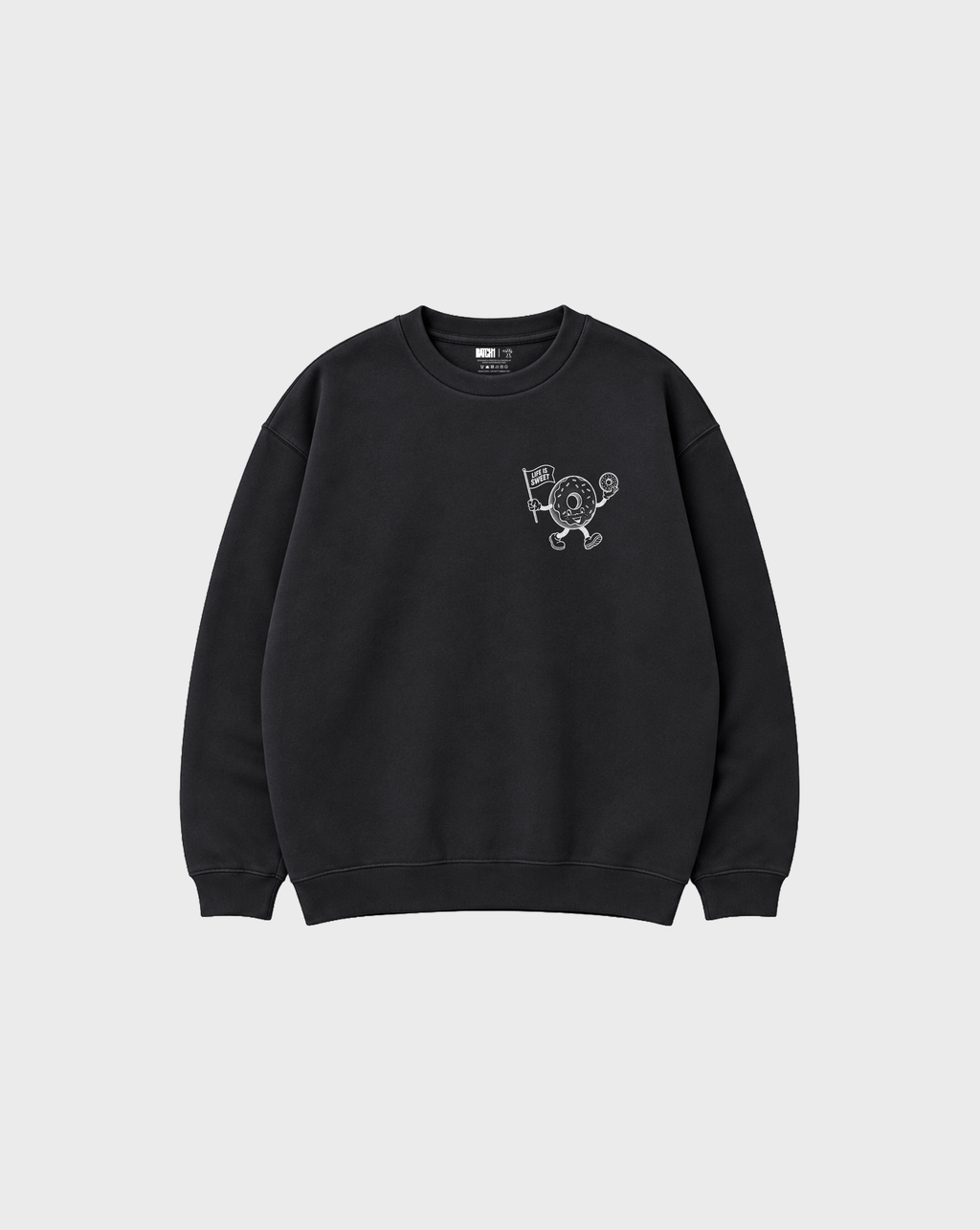 Glazy Days black sweatshirt, front flat lay, showing a small white doughnut character chest print