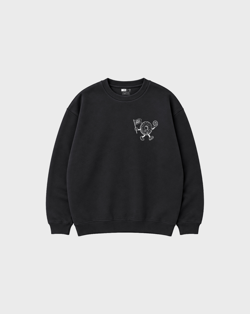 Glazy Days black sweatshirt, front flat lay, showing a small white doughnut character chest print