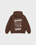 Glazy Days chocolate hoodie, back flat lay, showing the larger white Glazy Days doughnut design on the back