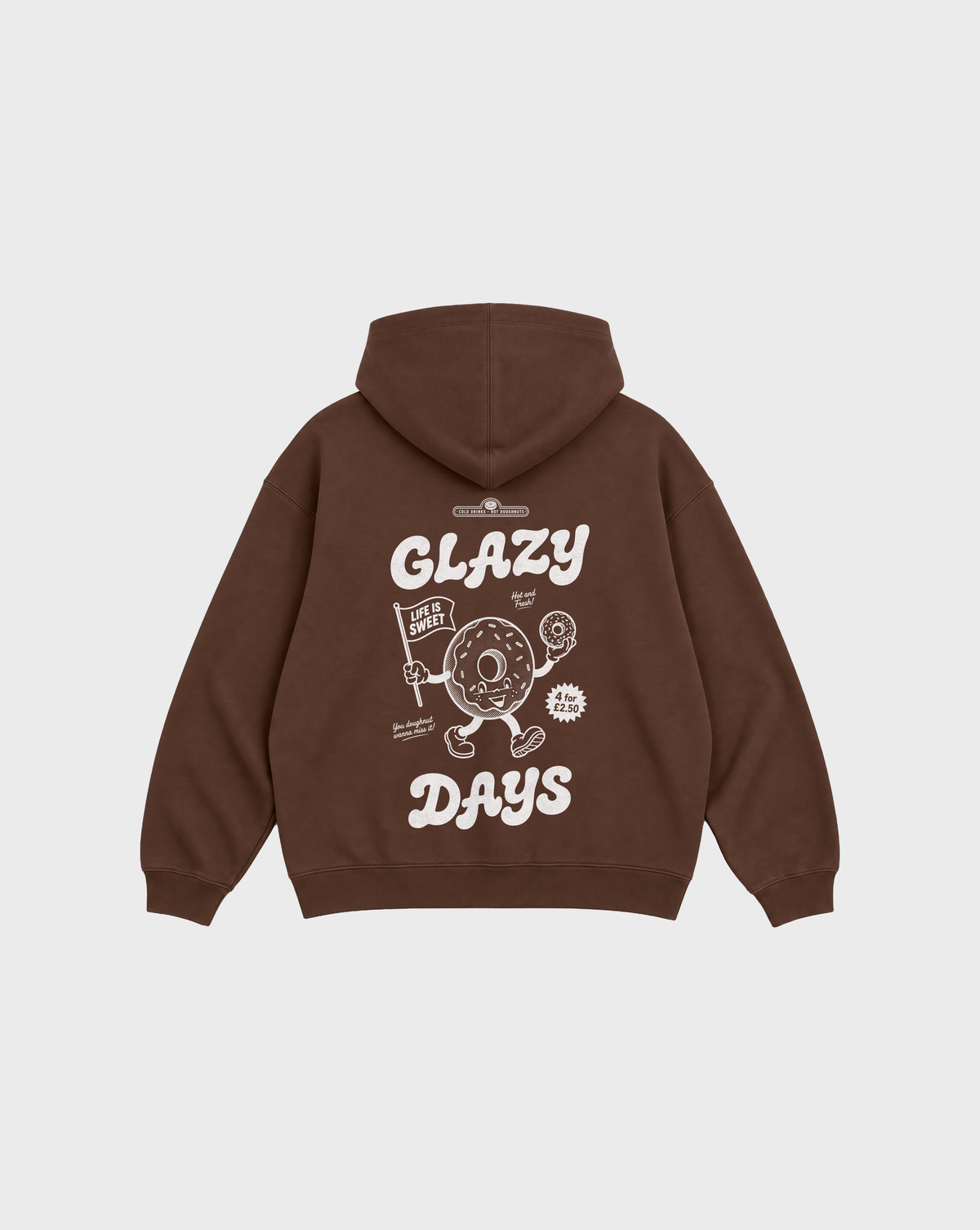 Glazy Days chocolate hoodie, back flat lay, showing the larger white Glazy Days doughnut design on the back