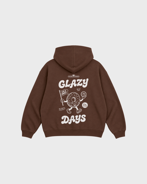 Glazy Days chocolate hoodie, back flat lay, showing the larger white Glazy Days doughnut design on the back