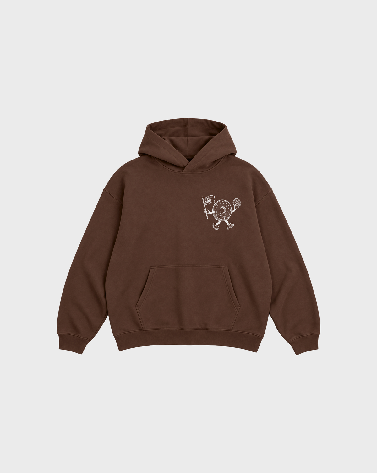 Glazy Days chocolate hoodie, front flat lay, showing a small white doughnut character chest print