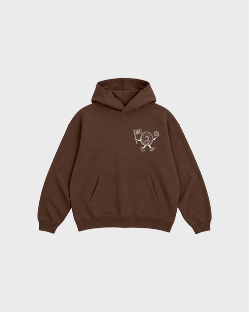 Glazy Days chocolate hoodie, front flat lay, showing a small white doughnut character chest print