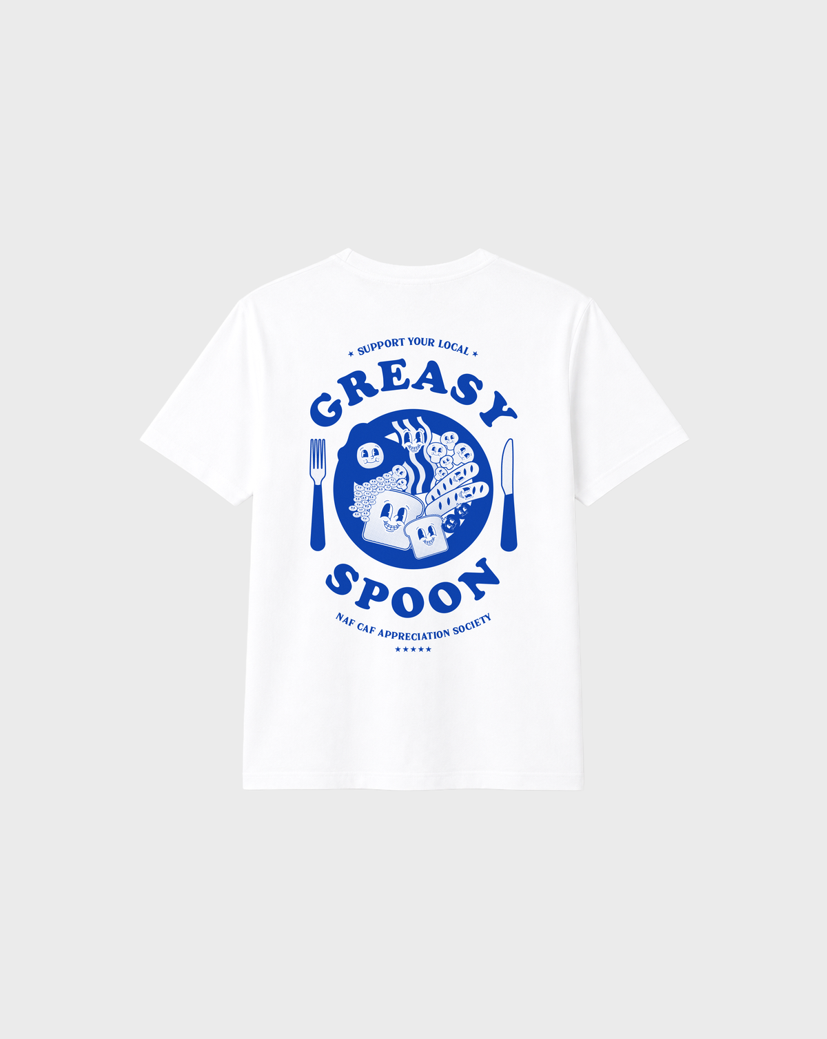 Greasy Spoon white T-shirt, back flat lay, showing a larger blue Greasy Spoon breakfast graphic across the back