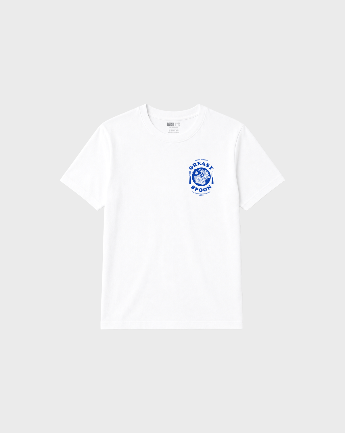 Greasy Spoon white T-shirt, front flat lay, showing a small blue Greasy Spoon breakfast graphic on the left chest