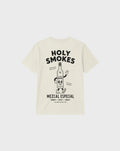 Back flat lay of the ivory Holy Smokes T-shirt with a large black mezcal bottle illustration and Holy Smokes lettering