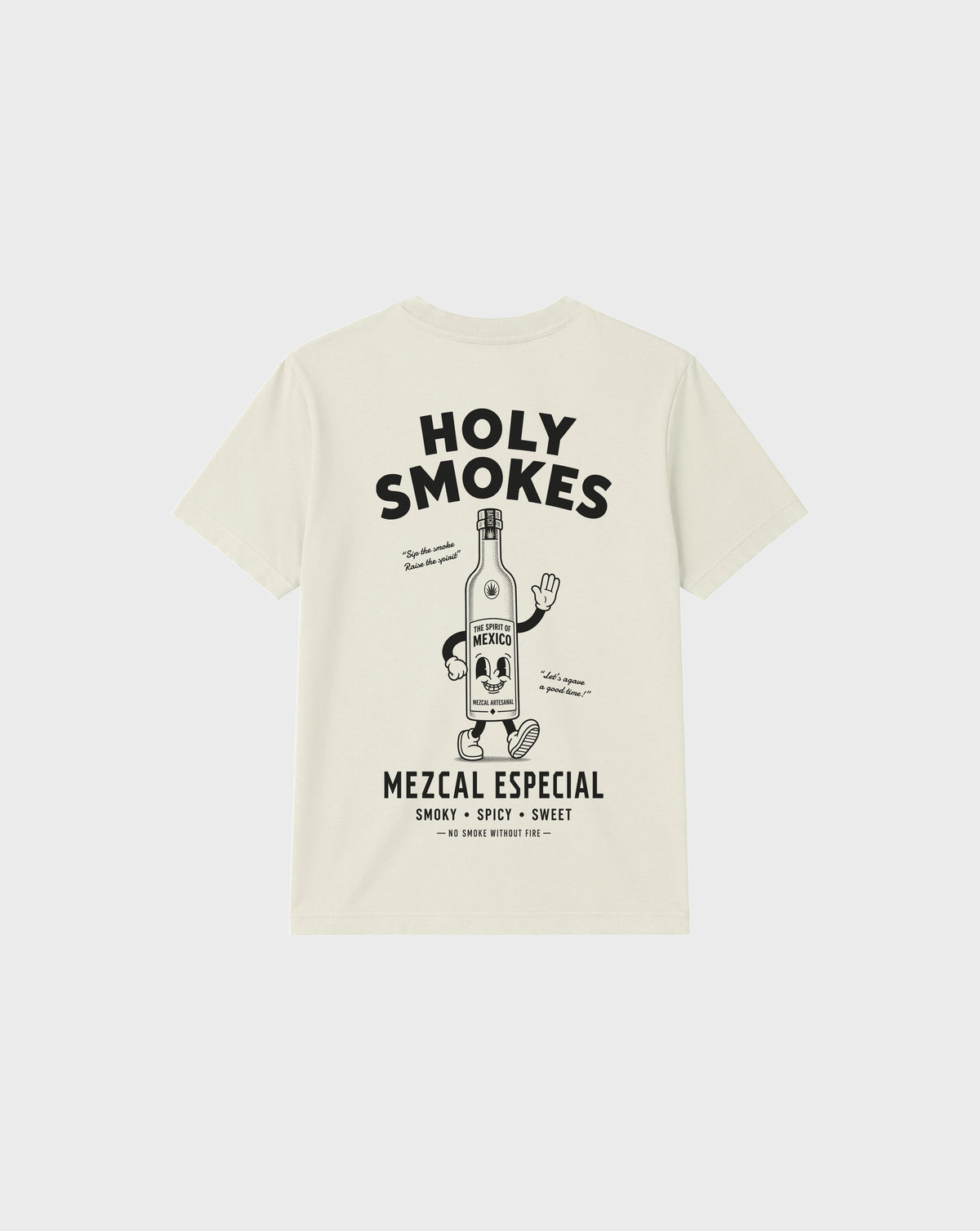 Back flat lay of the ivory Holy Smokes T-shirt with a large black mezcal bottle illustration and Holy Smokes lettering