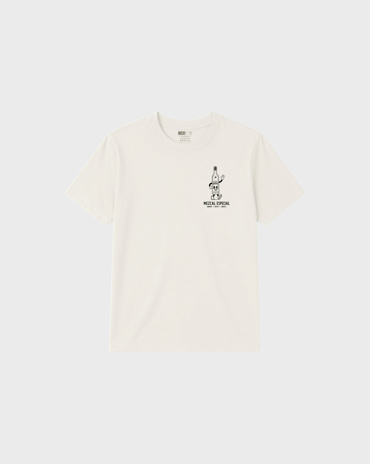 Front flat lay of the ivory Holy Smokes T-shirt with a black mezcal bottle graphic on the left chest