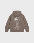 Back flat lay of the mocha Holy Smokes oversized hoodie with white mezcal bottle artwork and Holy Smokes lettering beneath the hood