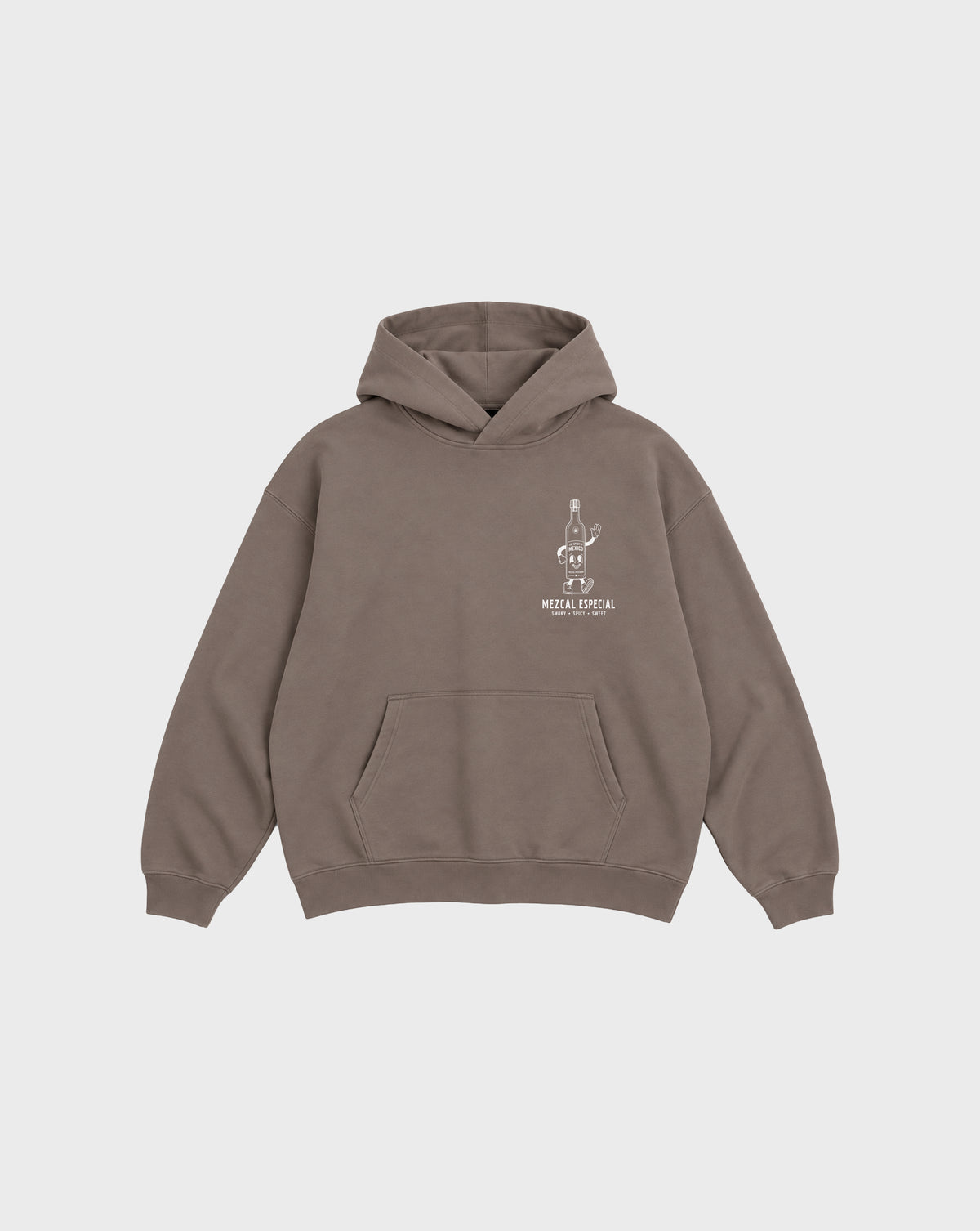 Front flat lay of the mocha Holy Smokes oversized hoodie with a white mezcal bottle graphic on the left chest