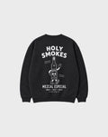 Back flat lay of the black Holy Smokes oversized sweatshirt with a large white mezcal bottle illustration and Holy Smokes lettering