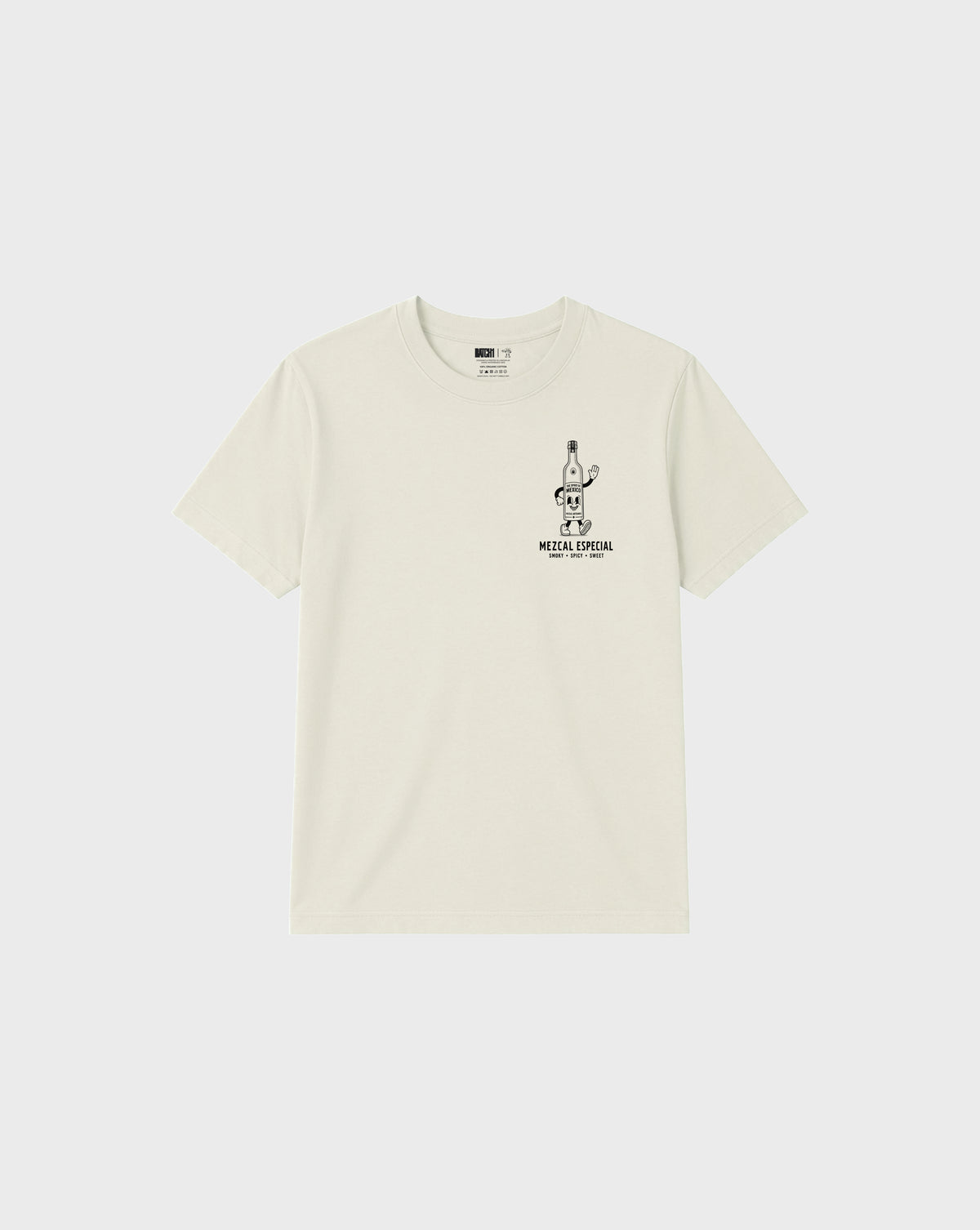 Front flat lay of the ivory Holy Smokes T-shirt with a black mezcal bottle graphic on the left chest