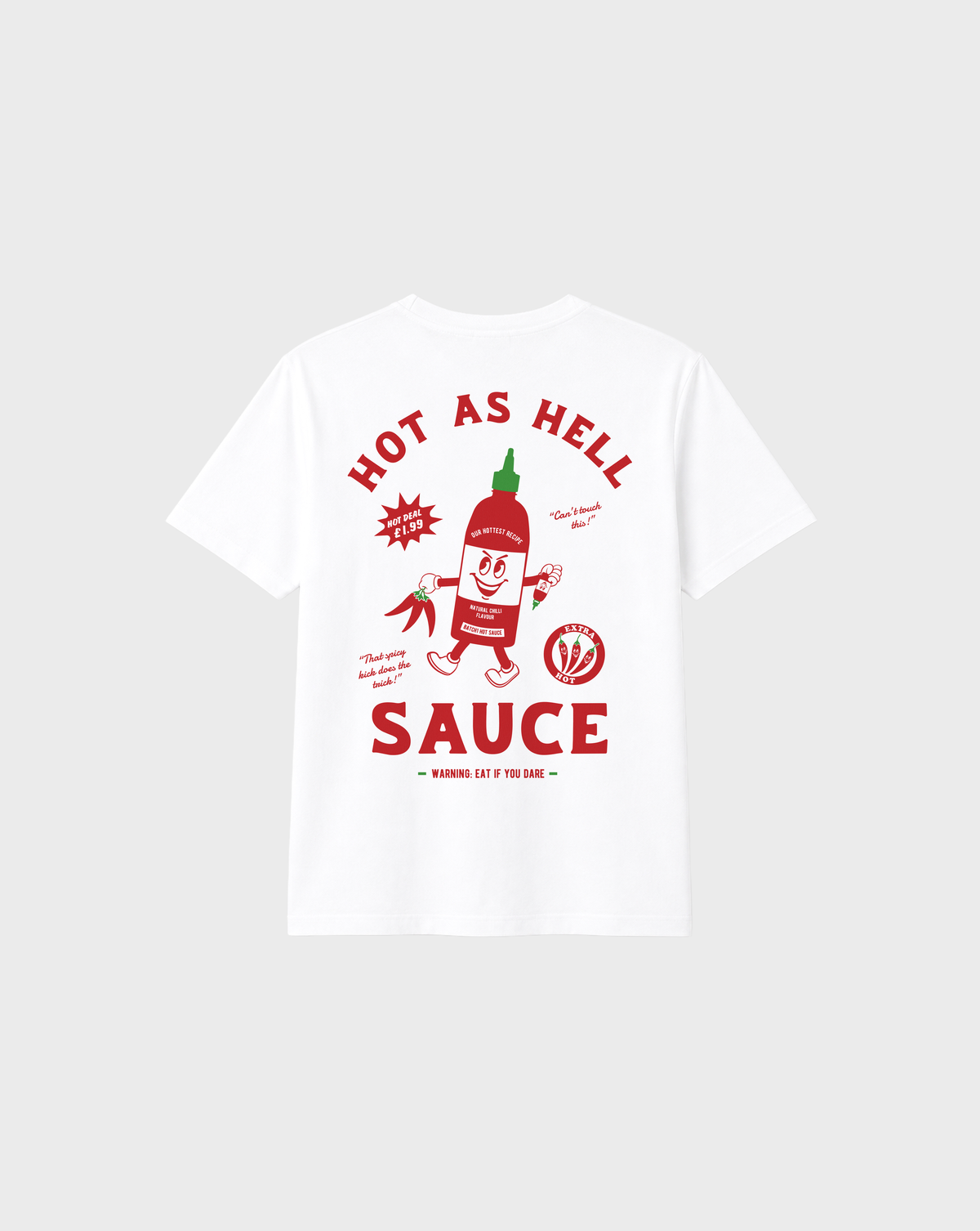 Hot Sauce white T-shirt, back flat lay, showing the larger red and green Hot as Hell Sauce graphic across the back