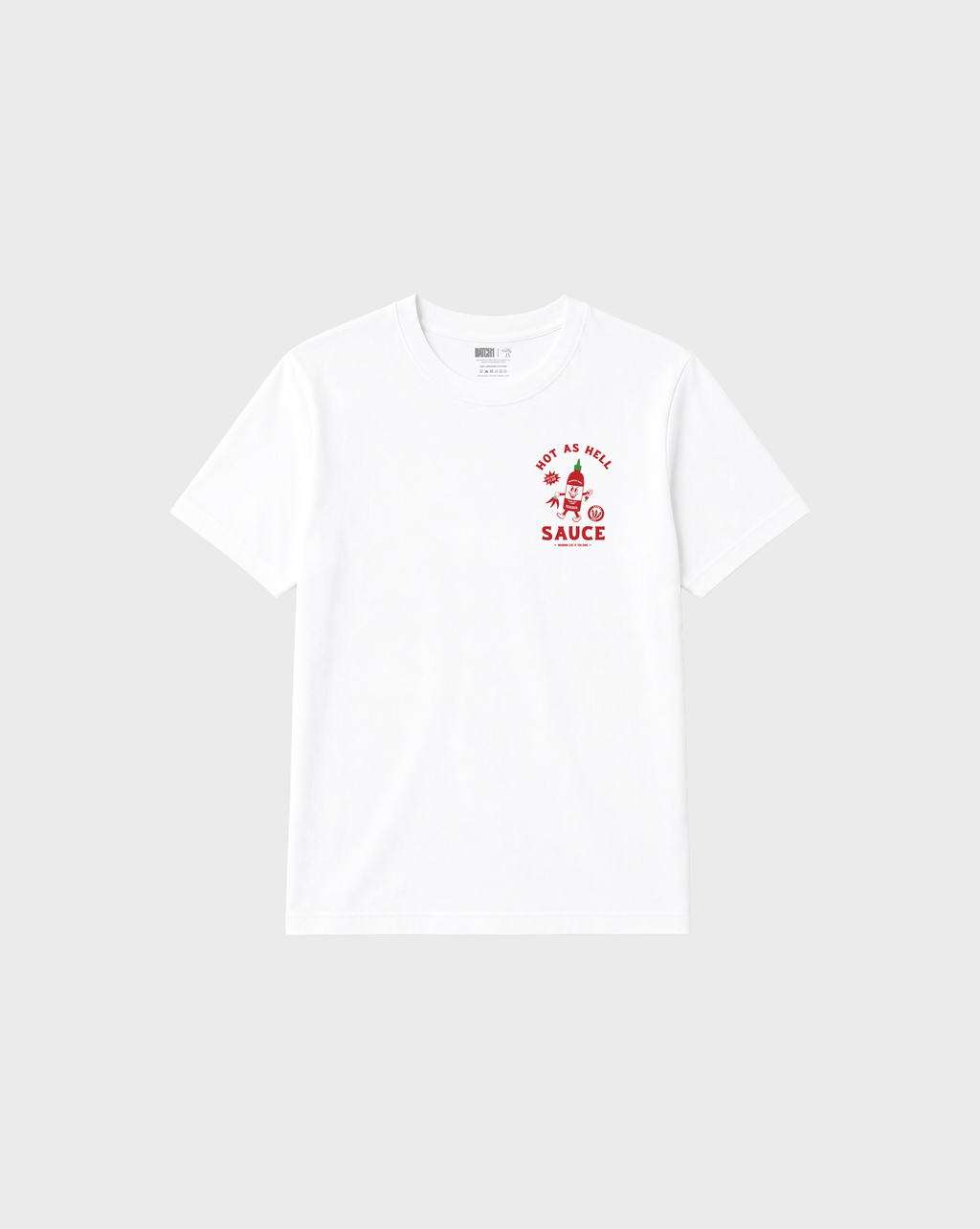 Hot Sauce white T-shirt, front flat lay, showing a small red and green Hot as Hell sauce bottle print on the left chest