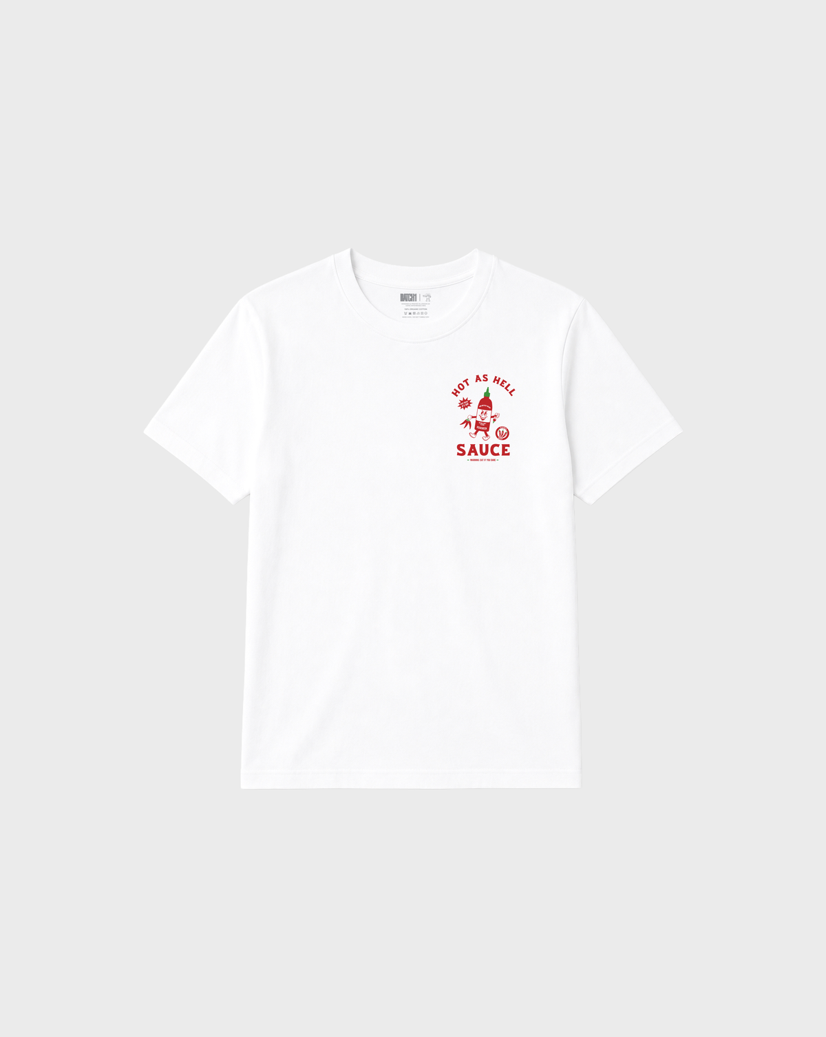 Hot Sauce white T-shirt, front flat lay, showing a small red and green Hot as Hell sauce bottle print on the left chest