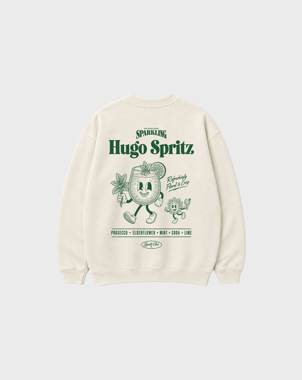 Hugo Spritz Ivory oversized sweatshirt with large green cocktail and elderflower graphic on the back