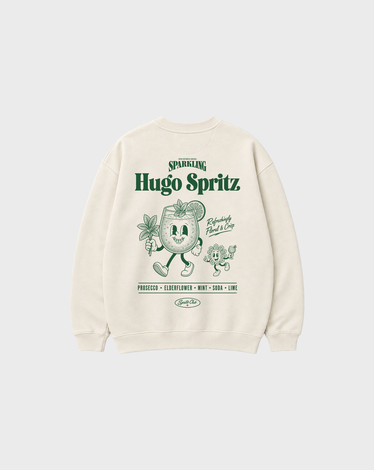 Hugo Spritz Ivory oversized sweatshirt with large green cocktail and elderflower graphic on the back