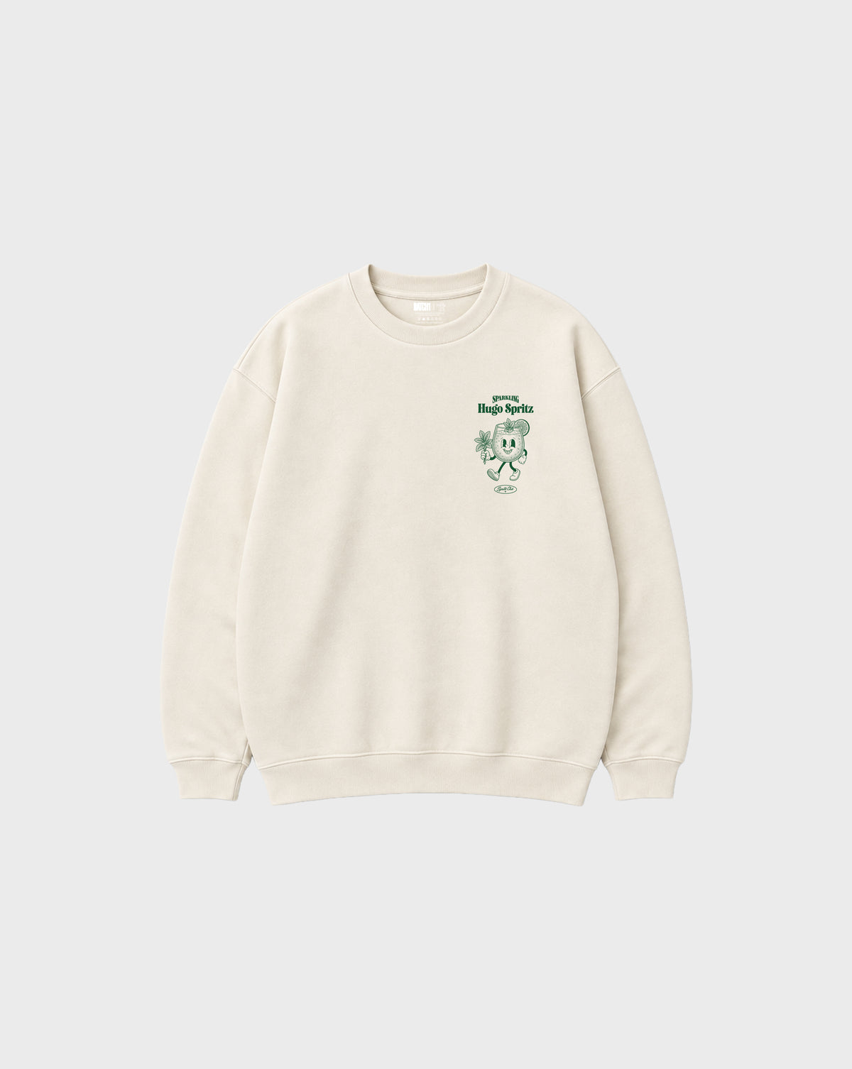 Hugo Spritz Ivory oversized unisex sweatshirt with green left chest cocktail print, front view