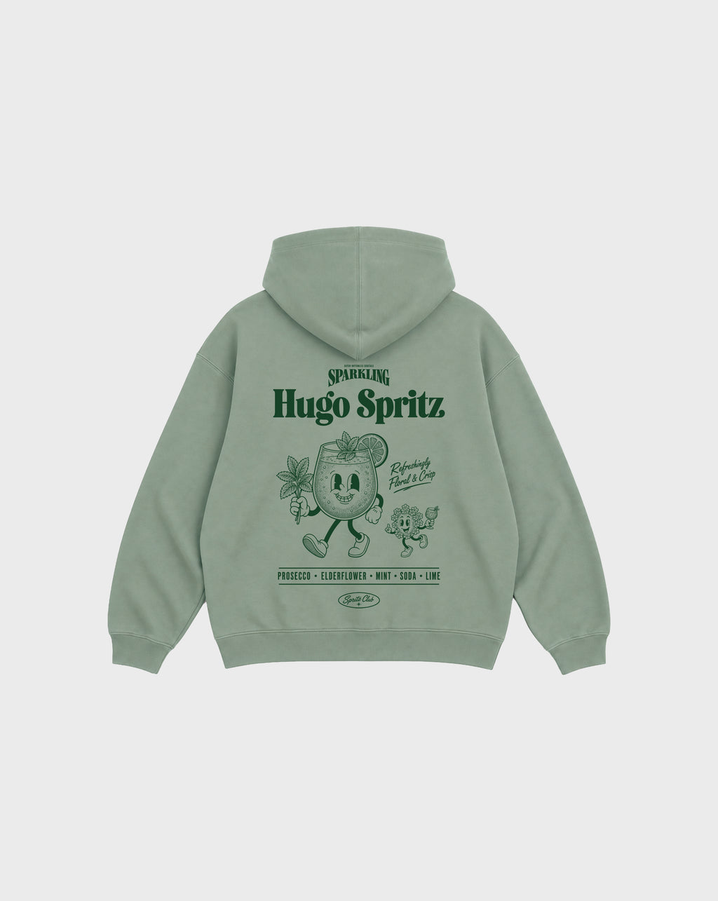 Hugo Spritz Pine oversized hoodie with large cocktail and elderflower graphic on the back