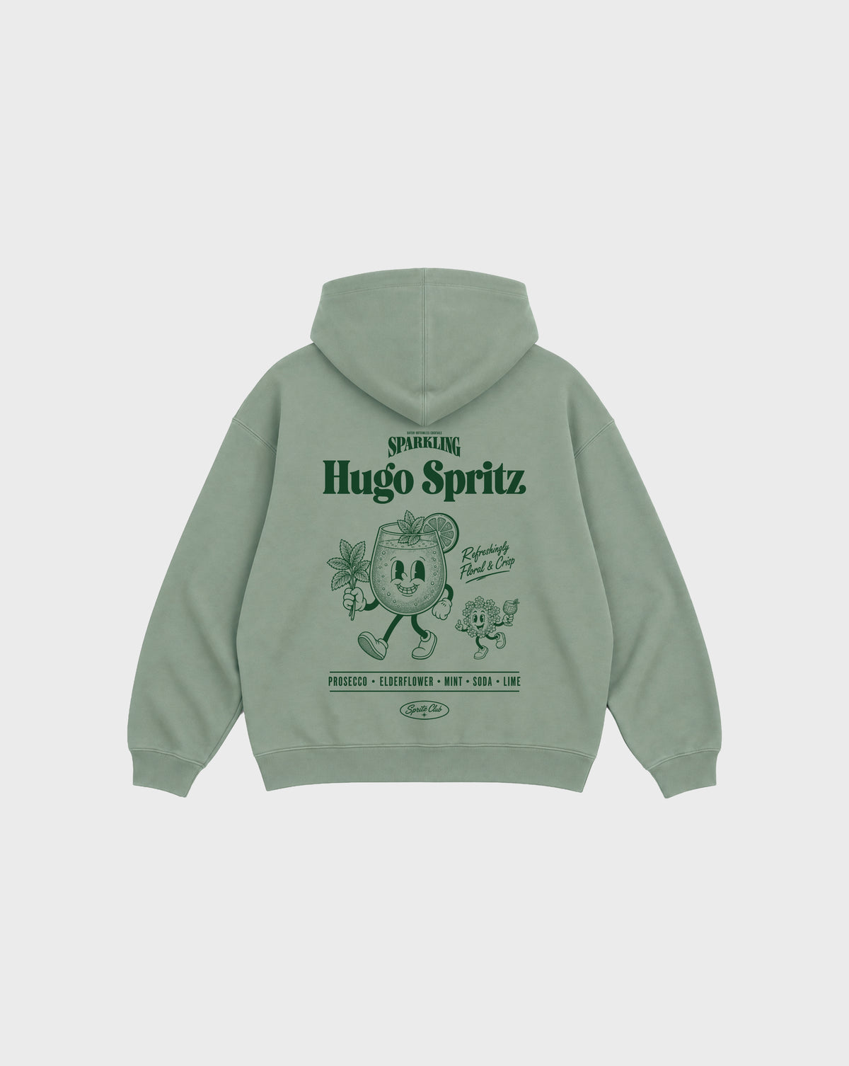Hugo Spritz Pine oversized hoodie with large cocktail and elderflower graphic on the back