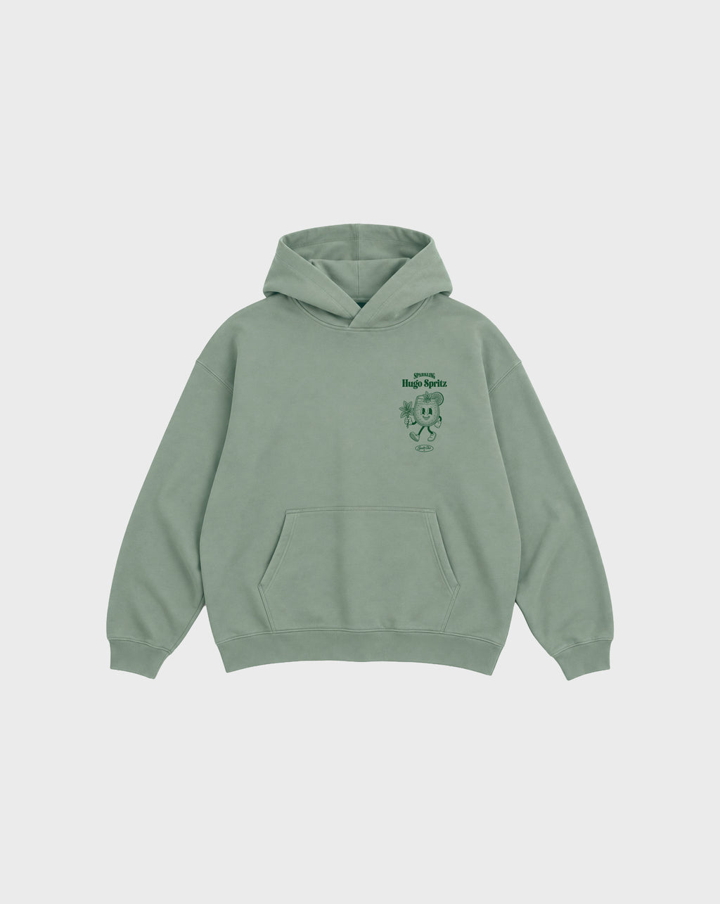 Hugo Spritz Pine oversized unisex hoodie with green left chest cocktail print, front view